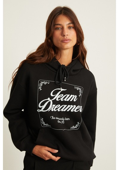 Grimelange Sabine Kadın Baskı Detaylı İçi Polarlı Kapüşonlu Kanguru Cepli Relaxed Fit Siyah Sweatshirt
