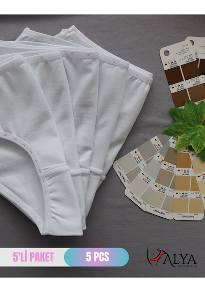 Alya Underwear Kız Çocuk Kalpli Dokuma Lastik Pamuklu Kumaş Slip Külot 5'li Paket 5 Adet Beyaz P05