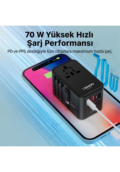 Xenon Smart Priz Dönüştürücü 70w Gan Hızlı Şarj, 200+ Ülke, Dahili Usb-c Kablo, Usb-c, 2x Usb-a X6411