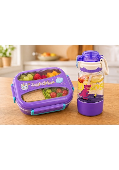 Muzeko Suluklu 2 Bölmeli Paslanmaz Çelik Yemek Kabı Sızdırmaz Kapaklı, Taşınabilir Beslenme Kabı Çatal Kaşık Hediye Krem 2081 1000+550ml Açık Mor