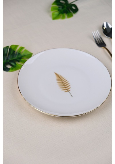Tabak Evi Porselen Natura Fern Altın Yaldız Pasta Tabağı 20,50cm Tekli Çok Renkli
