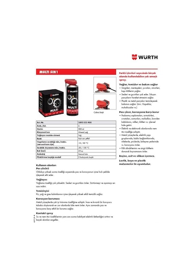 Würth Sprey Yağ Çok Amaçlı Zincir Dişli Yağı 400Ml Kobra Baş 5In1