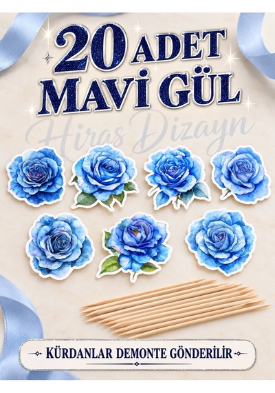Hiras Dizayn Mavi Gül Kürdanlı Süs Seti 20 Adet Cupcake Pasta Sunum