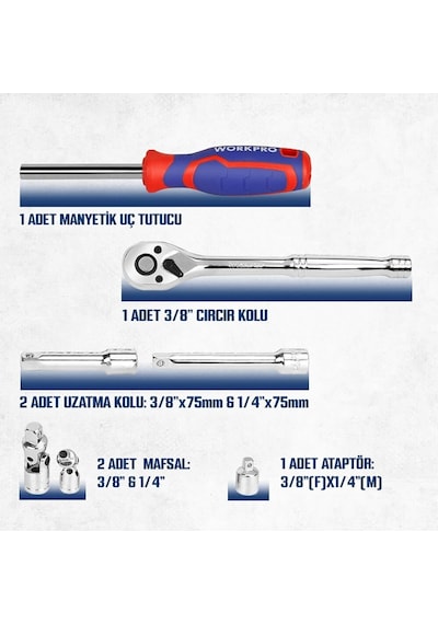 Workpro Wp202524 1/4 3/8 Metrik 75 Parça Cr-v Profesyonel Lokma Takımı Fr Wp202524
