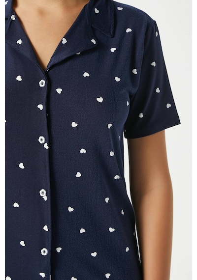 Ritnice Kadın Mia Yumuşak Doku Lacivert Kalp Desen Ön Düğmeli Kısa Kollu Pijama Takımı Lacivert