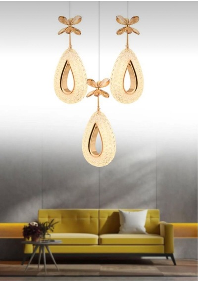 Damla Model 3'lü Gold 3 Renk Modu Ledli Kristal Taşlı Modern Salon Mutfak Oturma Odası Led Avize Gold
