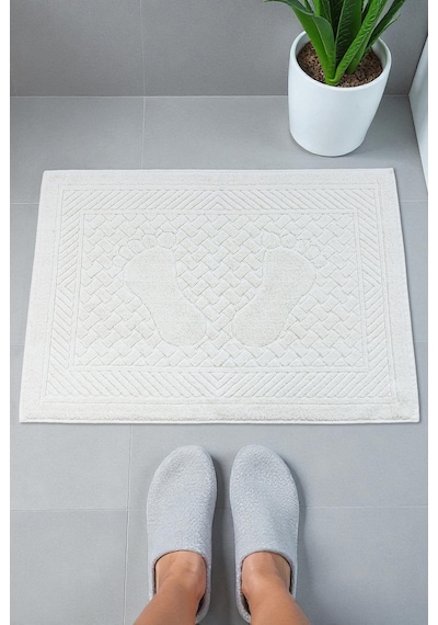 Ayak İzi Desenli 2li Ayak Havlusu - 50x70 Cm - Su Emici Banyo Paspası Seti - Beyaz Beyaz