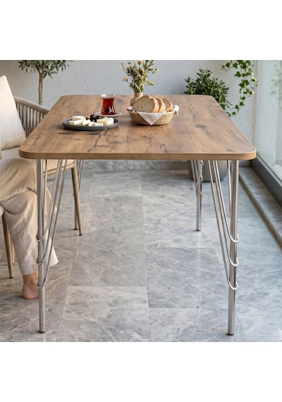 Modern Ahşap Desenli 6 Kişilik Yemek Masası 119x89 Cm Sabit Metal Ayaklı Sağlam Mutfak Masası, Çalışma Masası, Balkon Masası Atlantik - Çam