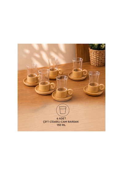 12 Parça Çay Seti - Bambu Bardak Altığı - Çift Cidarlı Cam - 150 Ml Çok Renkli