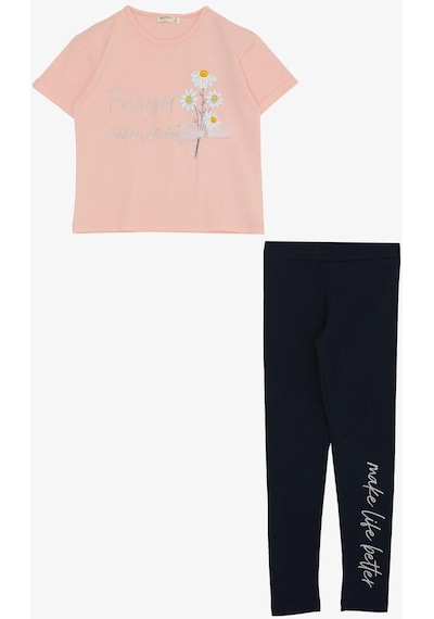 Breeze Kız Çocuk Taytlı Takım Çiçek & Yazı Baskılı Fiyonklu 5-10 Yaş, Pembe-pembe Pembe