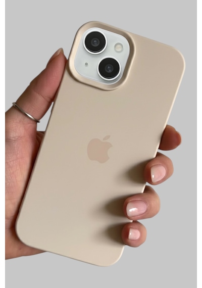 Iphone 15 Uyumlu Kılıf Logolu Lansman Soft Yumuşak Içi Kadife Silikon Kapak Bej
