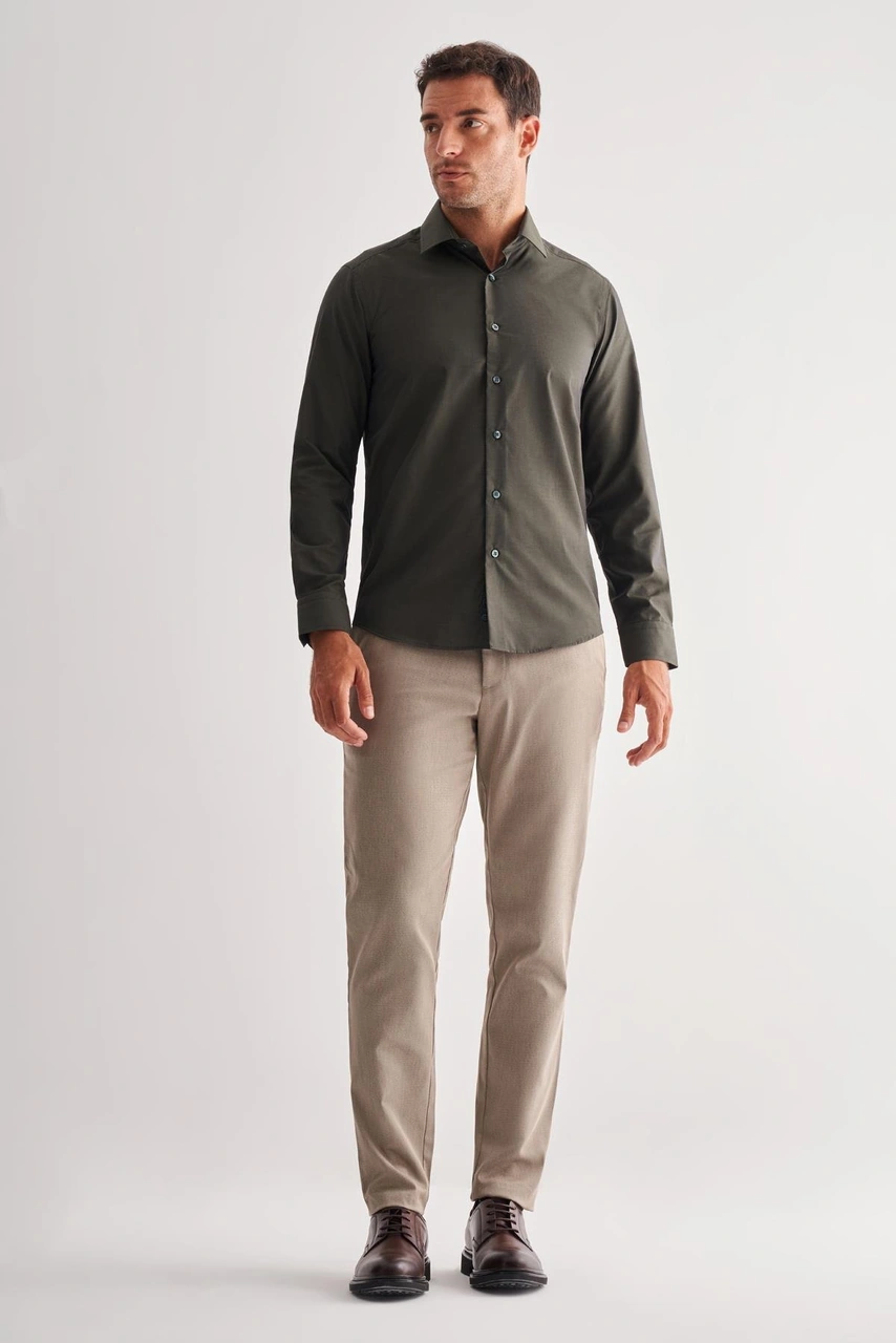 İmza Haki Sert Yaka Filafil Desen Uzun Kol Slim Fit Pamuklu Gömlek 1004255181 Haki