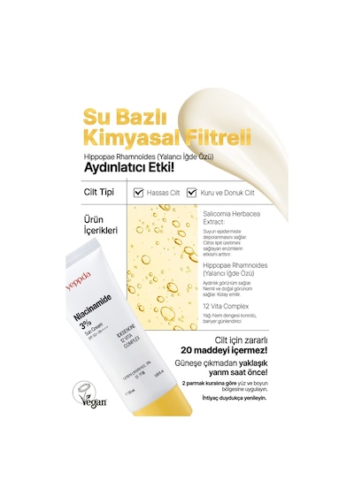 Yeppda %3 Niacinamide İçeren Aydınlatıcı Vegan Güneş Kremi Yeppda Niacinamide Sun Cream SPF50+ PA++++ 50ml