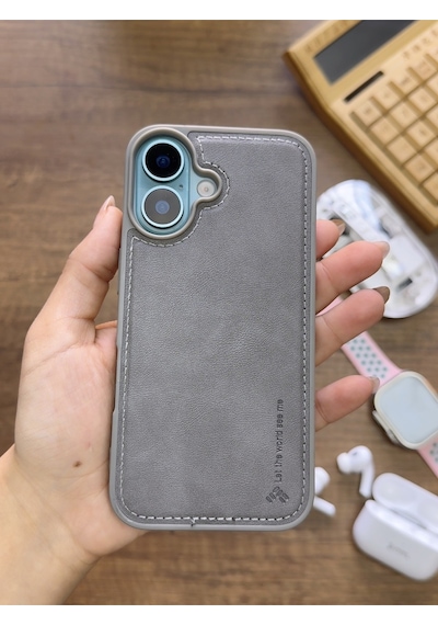 Apple iPhone 16 Uyumlu Premium Deri Dokulu Darbelere Karşı Dayanıklı Nazal Silikon Kılıf Gri