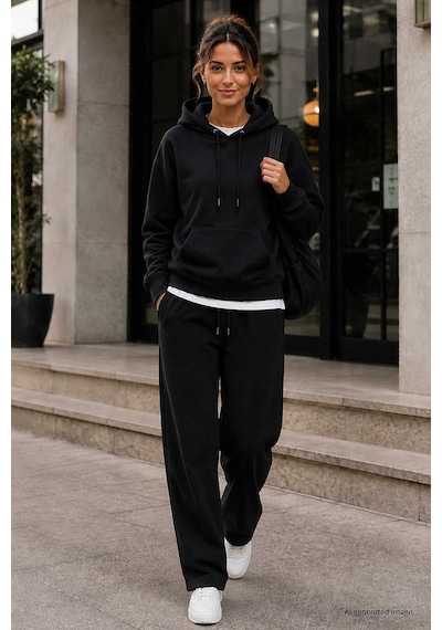 TOMMYLIFE Standart Kapüşonlu 2li Paket Siyah-haki Kadın Sweatshirt - 97321 Siyah - Yeşil
