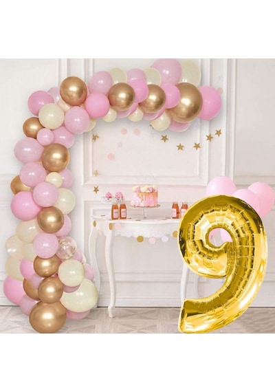 9 Yaş Krom Gold Pastel Pembe Ve Beyaz Balon Seti Gold Rakamlı Doğum Günü Balonu Şık Parti Süsleme Çok Renkli