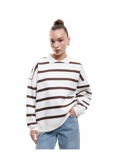 Koton Şardonlu Polo Yaka Çizgili Oversize Sweatshirt Kahverengi Çizgili 6wal10230ık Kahve Çizgili