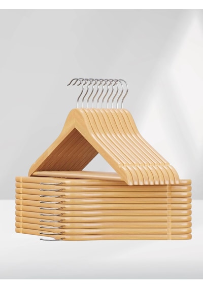 Ahşap Elbise Askısı Ve Pantolon Askısı 10'lu Set Doğal Renk Tam Vernikli