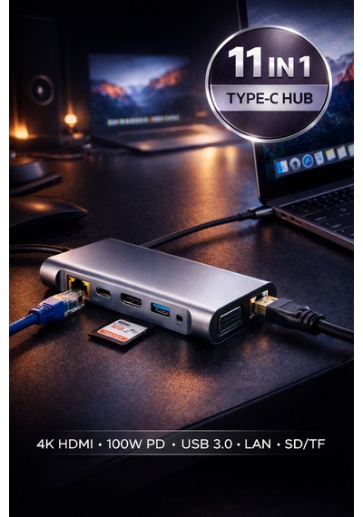 11in1 Type-c Hub Usb 3.0 Hdmı 4k Vga Lan Sd/tf 100w Pd Çoklayıcı Adaptör Dönüştürücü