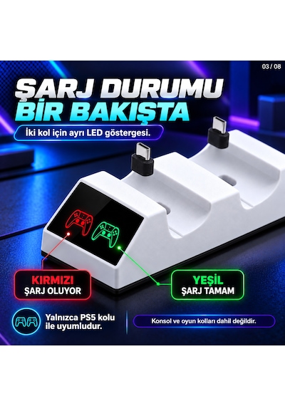 Dexxony Tp5-0508b Ps5 Uyumlu Çift Oyun Kolu Şarj İstasyonu Led Göstergeli Type-c Beyaz