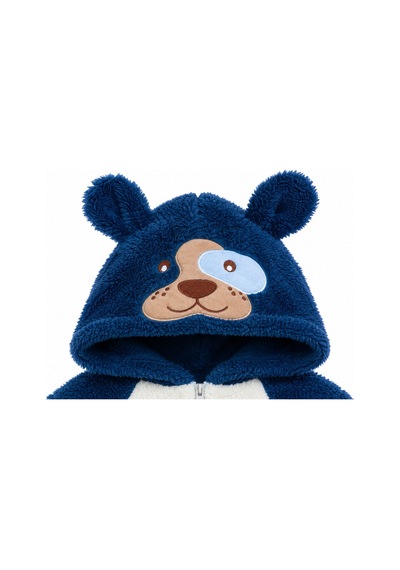Kız Erkek Bebek Welsoft Peluş Tulum Kapüşonlu Fermuarlı Kışlık Bebek Tulumu Köpek Figürlü Yumuşak Polar Tulum Lacivert