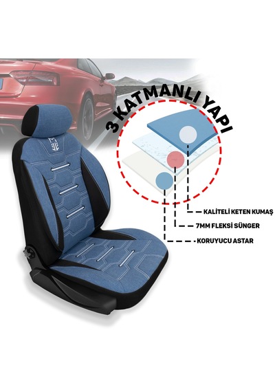 Minderland Fa Serisi Oto Koltuk Kılıfı, Tam Set, Keten-mavi