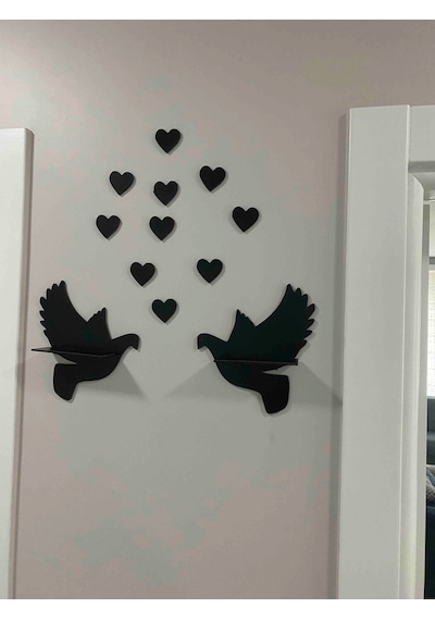 Çifte Kumru Ahşap 2'li Güvercin Duvar Rafı 30x28 Cm