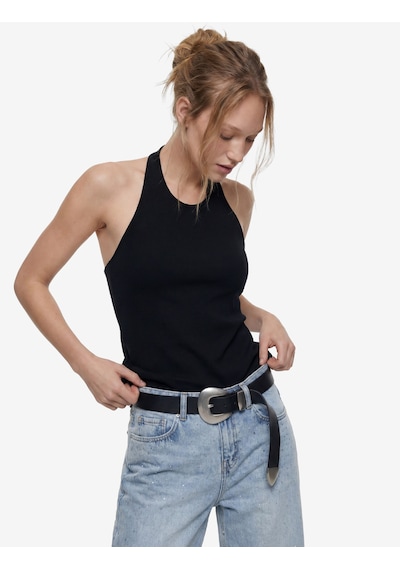 Koton Slim Fit Bel Vurgulu Halter Yaka Kolsuz Peplum Bluz Siyah 6sal30289ık