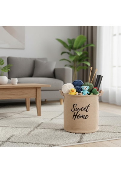 Lexroo "sweet Home" Yuvarlak Jüt Düzenleyici Sepet Krem Renk Katlanabilir Kumaş Kulplu Organizer