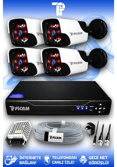 Picam 4 Kameralı Panda 4 Dış Kamera Set HDD'siz Full HD Gece Görüşlü Güvenlik Kamerası Sistemi