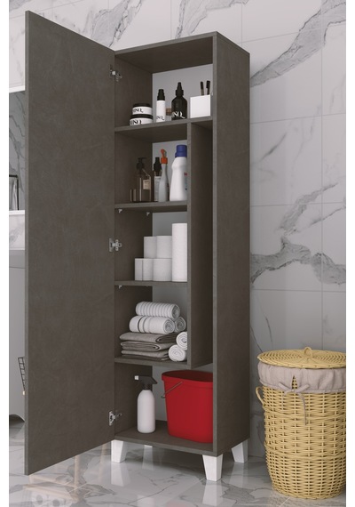 Çok Amaçlı Kapaklı Banyo Dolabı - Yüksek Raflı, Dar Alanlara Uyumlu Depolama Dolabı - Kil Grisi - 54cm Çok Amaçlı Kapaklı Banyo Dolabı - Yüksek Raflı, Dar Alanlara Uyumlu Depolama Dolabı - Kil Grisi - 54cm