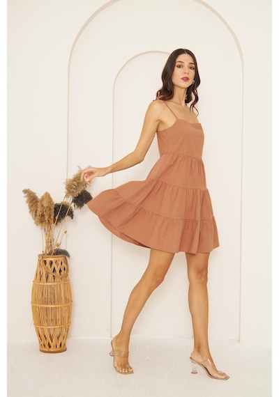 Darlin Moda Camel Askısı Boncuklu Püsküllü Eteği Volanlı Mini Elbise Dm1038 Darlin Moda Camel Askısı Boncuklu Püsküllü Eteği Volanlı Mini Elbise Dm1038