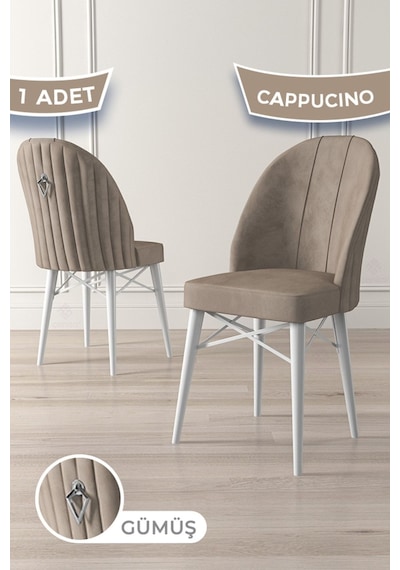Canisa Ritim Serisi 1 Adet Cappucino Sandalye 1.sınıf Babyface Ithal Kumaş Beyaz Gürgen Ayak Gümüş Halkalı Sandalye Cappucino Ayaklar Beyaz