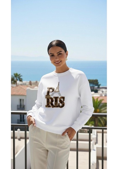 Taş Detaylı Eyfel Ve Paris Yazılı Oversize Sweatshirt Beyaz
