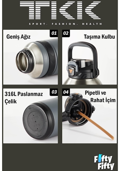 Tkk 1500 Ml Profesyonel Kamp Matarası/çelik Termos Çift Kullanım Pipetli/rahat İçim 12/24 Yalıtım -20311500 001