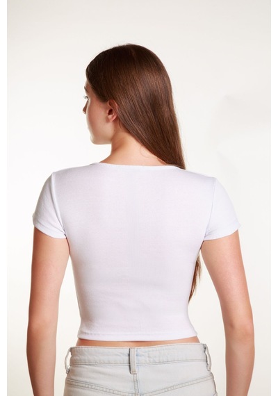 Mea Capio Kadın Fitted Crop Ön Yaka Bözgülü Fitilli Kollu Tshirt Atlet Bluz Beyaz