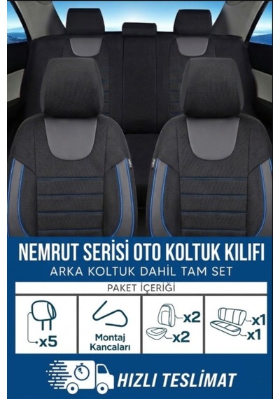 Nemrut Serisi Lakost Kumaş Universal Oto Koltuk Kılıfı Tam Set Siyah-Mavi