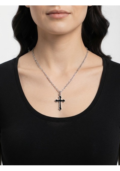Erkek Haç Kolye Gümüş Renk Metal Zincir Kolye Gotik Tarz Şık Unisex Kolye Hc96 Siyah