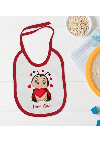 BK Kids Kişiye Özel Uğur Böceği Tasarımlı Kırmızı Bebek Mama Önlüğü Kırmızı