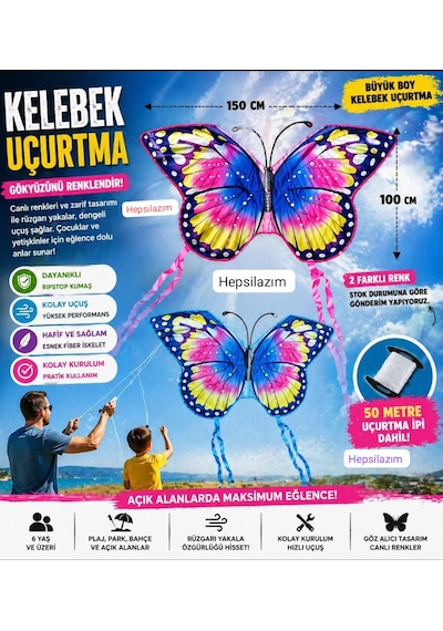 Uçurtma Kelebek Desenli Büyük 150x100cm Uçan Dış Mekan Bahçe Piknik Kız Çocuk Oyuncağı