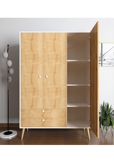 Floradesign Riva Elbise Dolabı Üç Kapaklı Çekmeceli Dolap Gardırop /meşe/ Beyaz Meşe / Beyaz