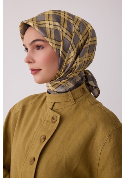 Belli Geometrik Desen %100 Twill İpek Eşarp Be21 Sarı-füme