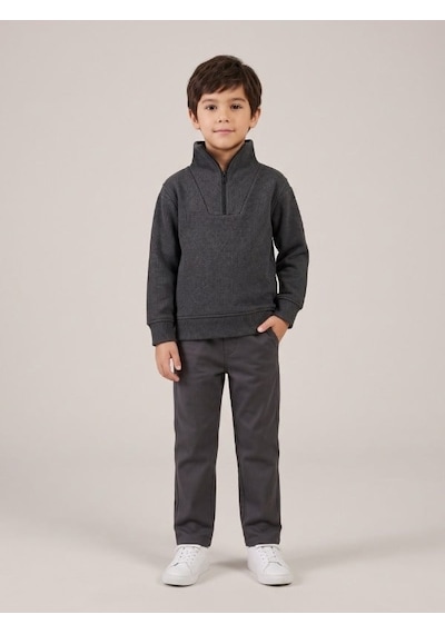 Zekids Çocuk Selanik Kumaş Yarım Fermuarlı Sweatshirt-17508 Füme