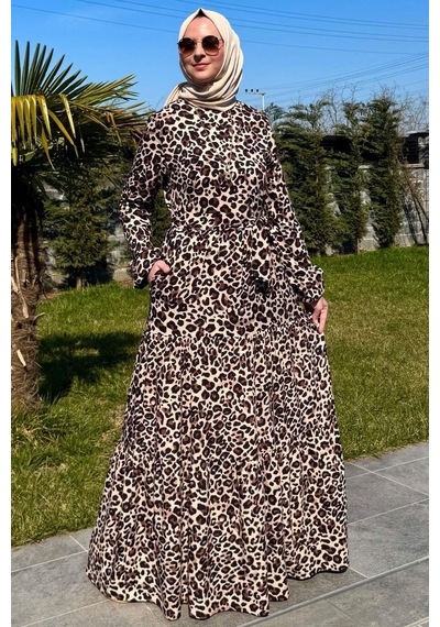 Rabia Şamlı Leopar Desenli Elbise Kahve Normal