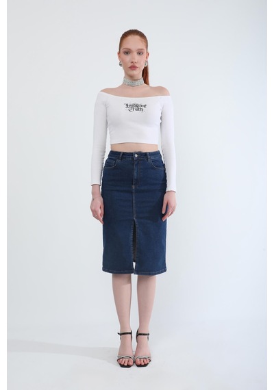Banny Jeans Önden Yırtmaçlı Likralı Midi Jean Etek Koyu Mavi