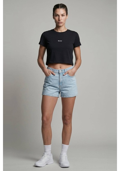 Woneagle Waneagle Kadın Siyah Bisiklet Yaka Logolu Sportif Crop Tişört Siyah Siyah