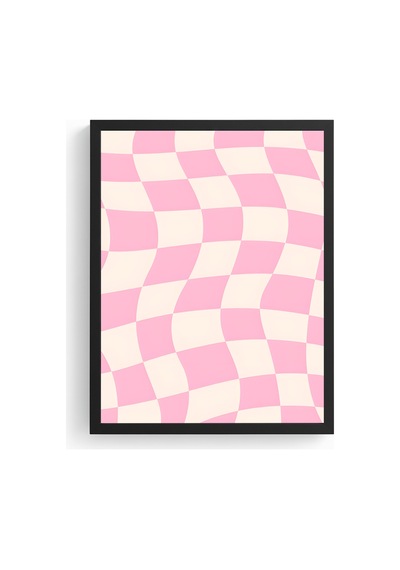 Doğal Ahşap Çerçeveli Pastel Damalı Retro Tablo - Pembe Tonlar Huhu2806
