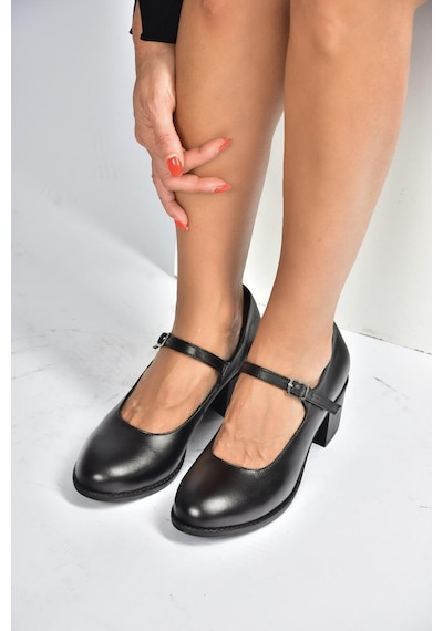 Fox Shoes V468297203 Siyah Hakiki Deri Kalın Topuklu Kadın Ayakkabı Siyah