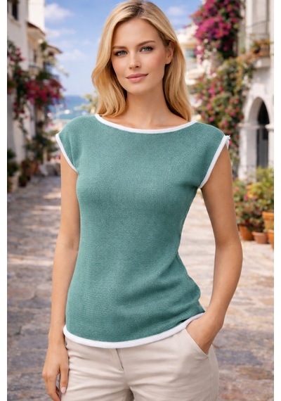 Aqefashion Kadın Kayık Yaka Sosis Yaka Yarasa Kol Beyaz Detaylı Modern Basic Özel Tasarım Mint Triko Bluz
