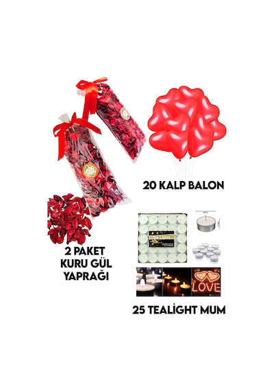 600 Kuru Gül Yaprağı,20 Kalp Balon,25 Beyaz Mum Romantik Hediye 1